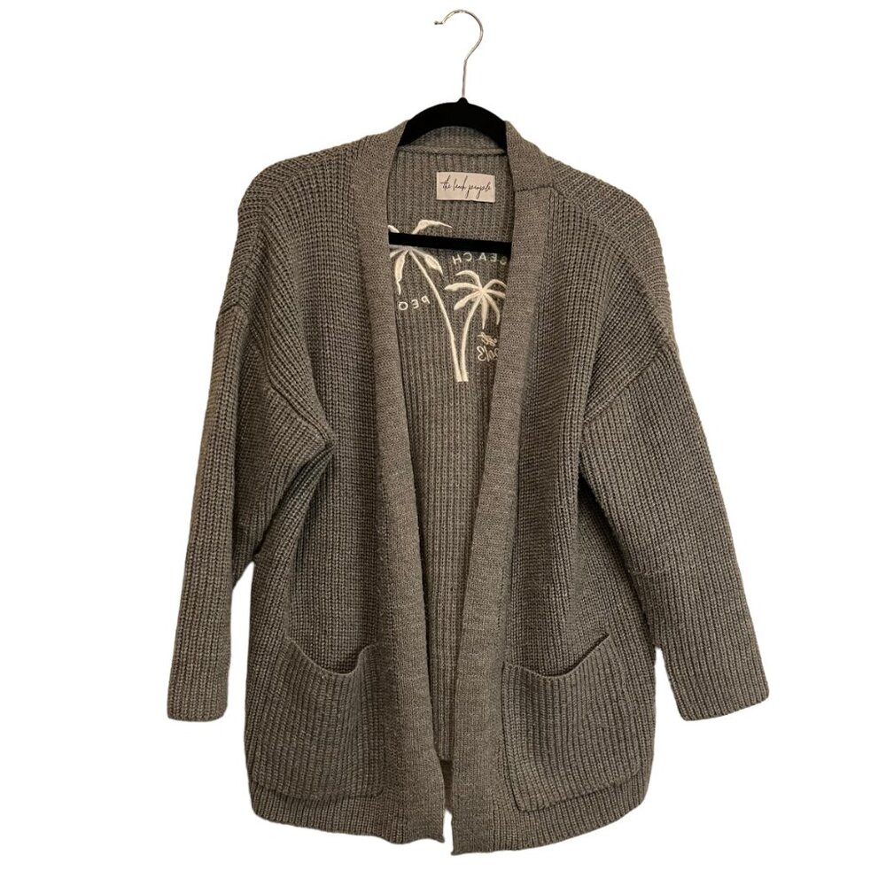 THE BEACH PEOPLE Sweater Cardigan Gray Embroidered Womens Size XS/S Pockets